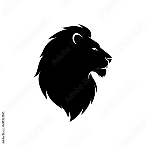 Silhouette of a majestic lion's head in profile, showcasing its powerful mane and determined gaze against a stark white background.
