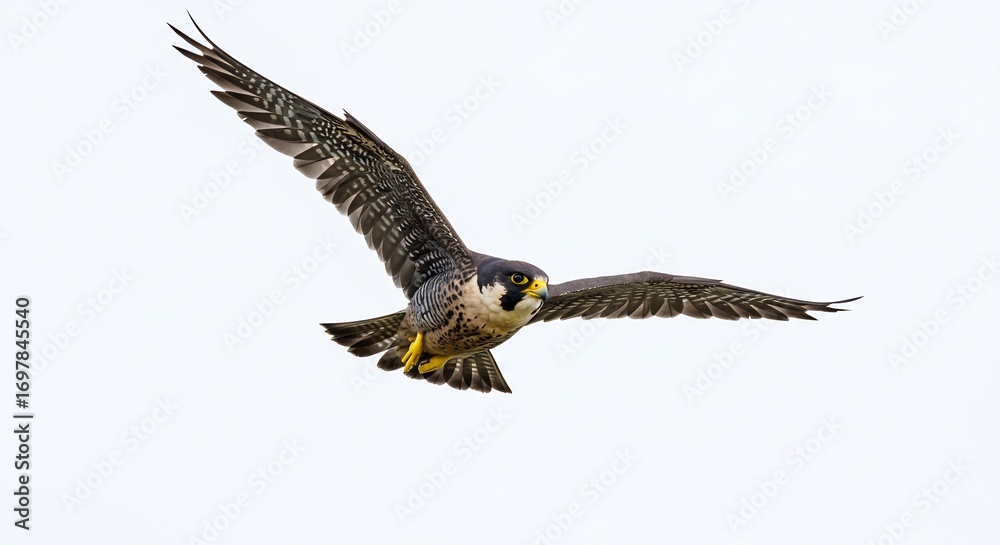 Obraz premium Powerful peregrine falcon glides effortlessly on pale sky wings spread wide. AI Generated