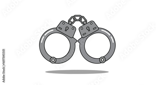 Symmetrical illustration of metallic handcuffs for law enforcement and crime concept isolated against a stark white canvas background
