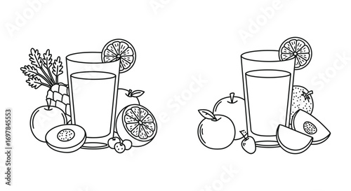 fresh juice glasses with fruits vegetables and herbs around