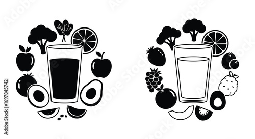 fresh juice surrounded by vibrant fruits and vegetables
