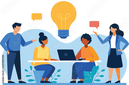 Diverse team brainstorming new ideas with laptop and lightbulb illustration