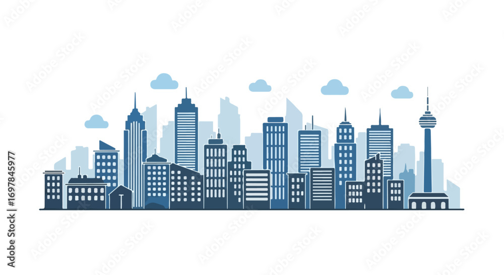 Naklejka premium Abstract blue cityscape illustration with skyscrapers and clouds creating a clean and modern skyline perspective