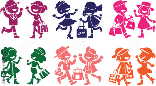 Silhouette illustration of joyful shoppers in various colors, each holding shopping bags and appearing to walk or dance together enthusiastically.