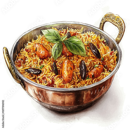 Biryani, watercolor painting vector, isolated on a white background.