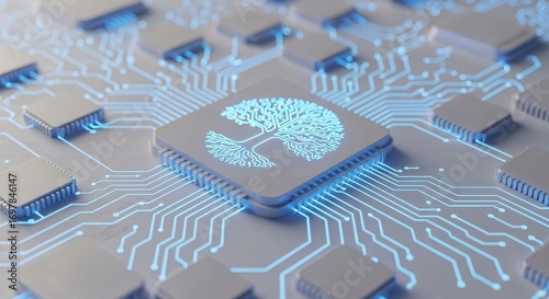 Modern Circuit Board with Glowing Tree of Life Symbol, Future Tech