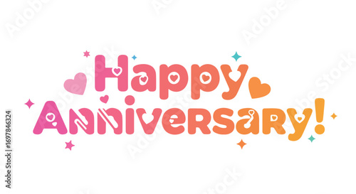 Celebratory Happy Anniversary Text Graphic with Hearts and Stars for Special Occasions and Events