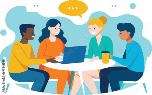 Diverse group of people collaborating around a table with a laptop and coffee