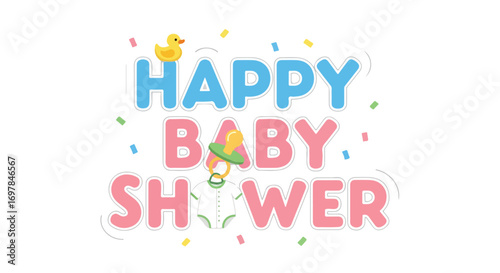 Festive baby shower vector design with playful typography and adorable baby-related elements creating a cheerful invitation or announcement atmosphere