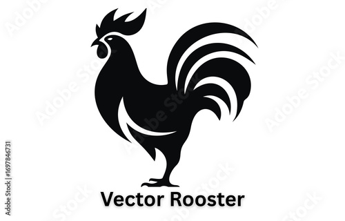 Stylized black silhouette of a rooster standing proudly