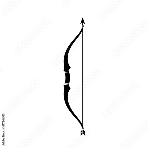 Black silhouette of a traditional archery bow and arrow on a white background.