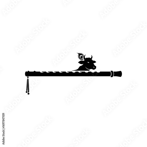 A minimalist black silhouette depicting Lord Krishna's iconic Bansuri flute, a sacred cow, and a peacock feather.