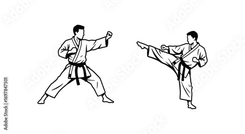 two martial artists practicing karate techniques together