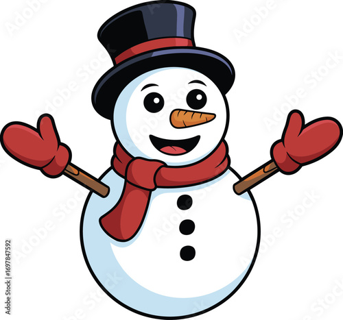 Happy snowman with red scarf, black top hat, carrot nose, red mittens, winter holiday illustration, Christmas season, snowman cartoon