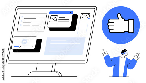 Computer screen displaying multimedia content tiles, a blue thumbs-up icon, and a gesturing person. Ideal for team collaboration, productivity, design, feedback, communication, education simple