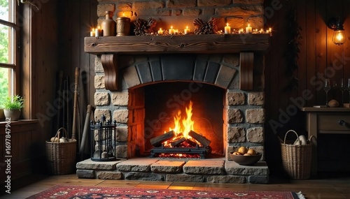 Cozy fireplace decorated with glowing embers, flickering flames, and rustic mantelpiece accessories for a warm and inviting atmosphere , design, detail