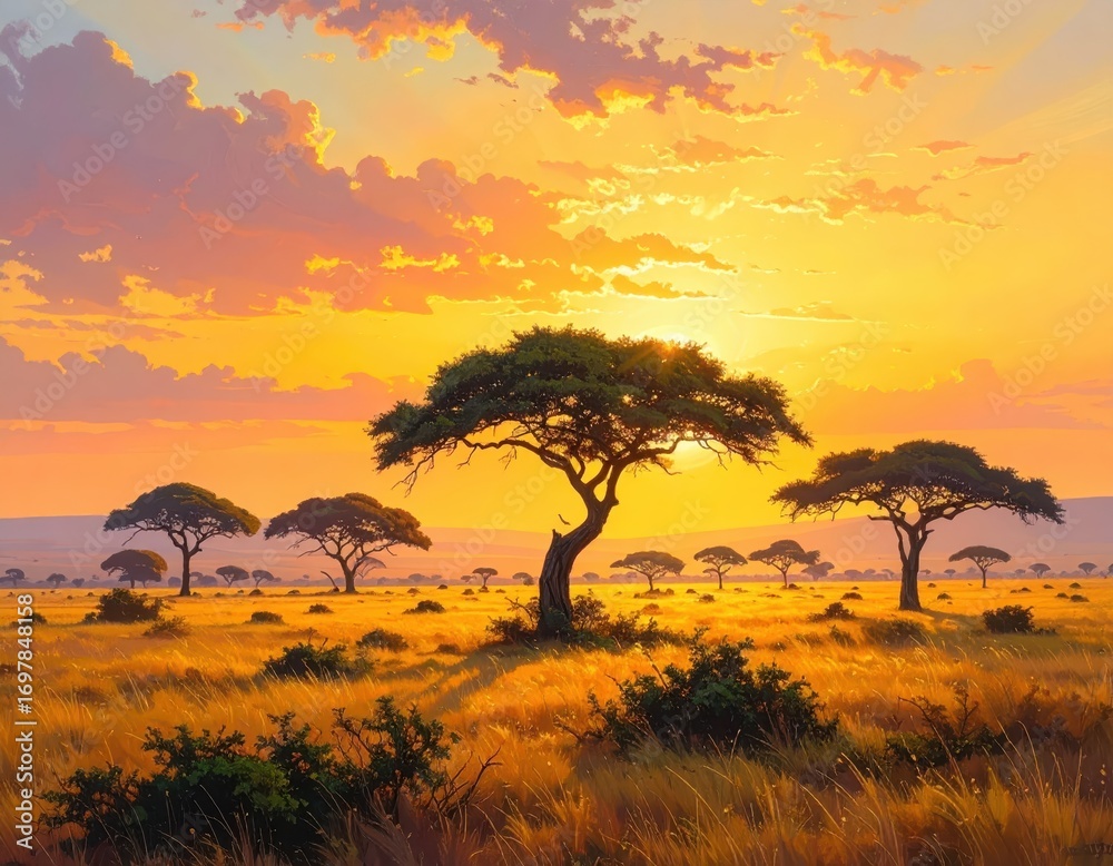 Obraz premium A vibrant landscape of golden savanna at sunset, featuring tall acacia trees silhouetted against a fiery sky.