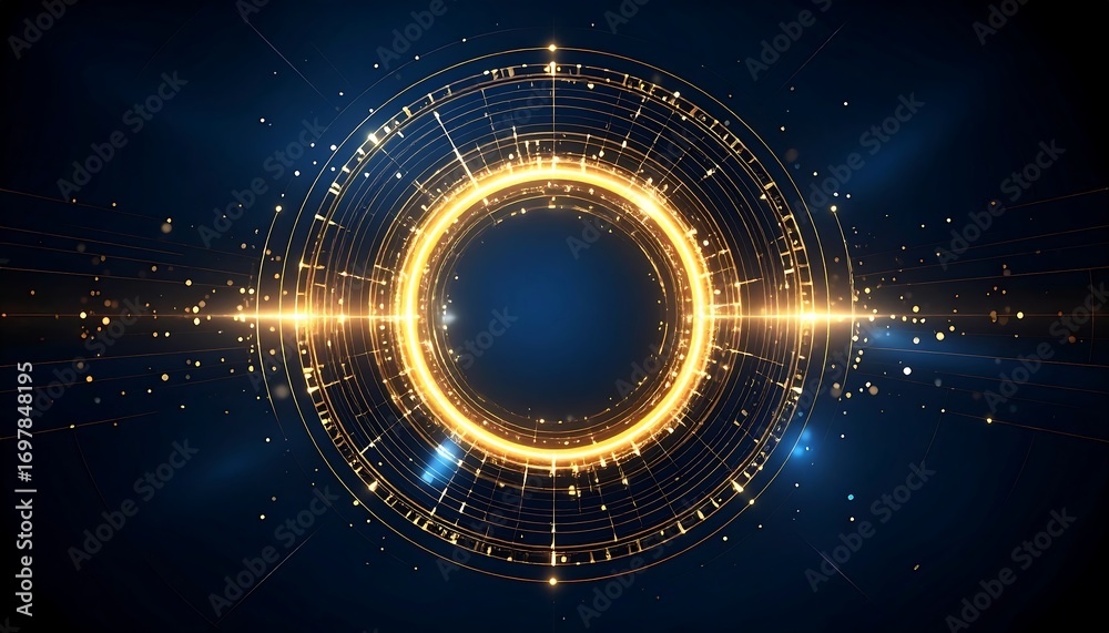 Obraz premium A glowing, golden ring of energy pulsates within concentric circles against a deep blue background, with light trails