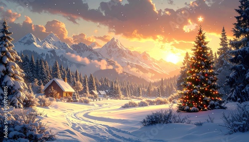 A winter wonderland scene featuring a decorated Christmas tree, snow-covered mountains, and cozy cabins bathed in the warm glow of a golden sunset.