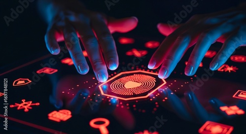 Hands Interact with Futuristic Digital Interface Featuring Biometric Scan