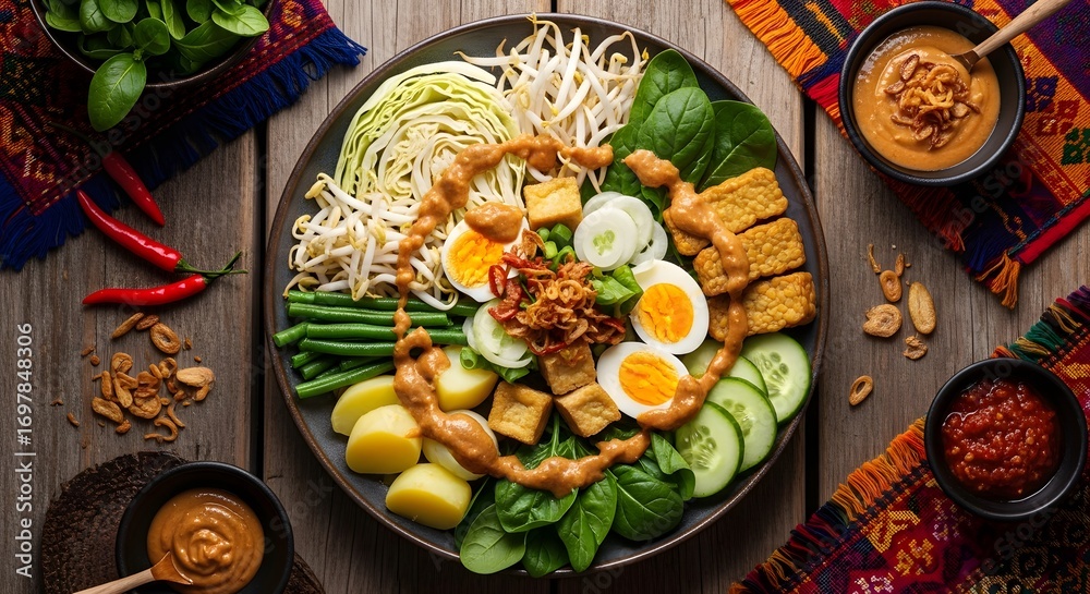 A vibrant and colorful Indonesian Gado-Gado salad with peanut sauce, featuring fresh vegetables, tofu, tempeh, and boiled eggs, served on a rustic wooden table. A vibrant and colorful Indonesian Gado-Gado salad with peanut sauce, featuring fresh vegetables, tofu, tempeh, and boiled eggs, served on a rustic wooden table.
