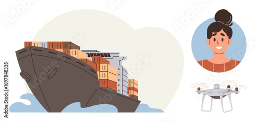 Cargo ship loaded with containers at sea, Quadcopter in operation, and a woman in profile view. Ideal for logistics, shipping, trade, remote work, surveillance global commerce innovation. Simple flat