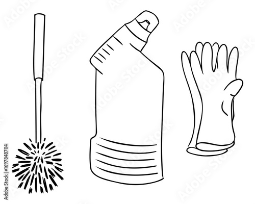 Hand drawn set of cleaning tools including toilet brush, gloves and detergent bottle. Concept of hygiene, sanitation, cleanliness and household chores