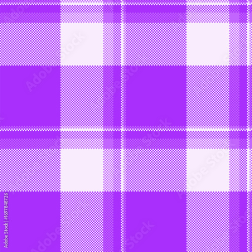 Vibrant violet and white plaid pattern. A modern, stylish textile design with a pixelated look. Ideal for backgrounds, apparel, crafts, and digital artwork.