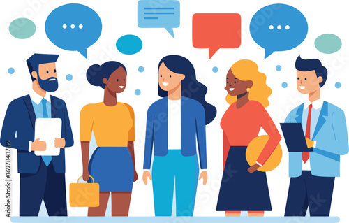 Diverse professional team discussing ideas with speech bubbles in a colorful illustration