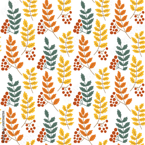 Seamless vector pattern with rowan branches, berries, and autumn leaves in warm colors. Concept of seasonal nature design, fall harvest, and botanical background