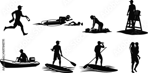 Silhouettes of Lifeguard Rescue, Water Sports Activities, Swimming Rescue, Lifeguard on Duty, Paddleboarding, Boating, and Lifesaving Actions