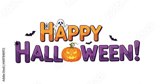 Festive Happy Halloween Graphic with Pumpkin Ghost and Bats Spooky Celebration Graphic Element Fun Festive Halloween Decoration Holiday Festivities
