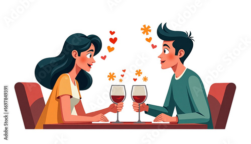 Young couple, romantic mood, toasting with wine glasses at a table, surrounded by hearts and sparkles