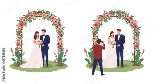 a couple exchanges vows under floral arch wedding scene