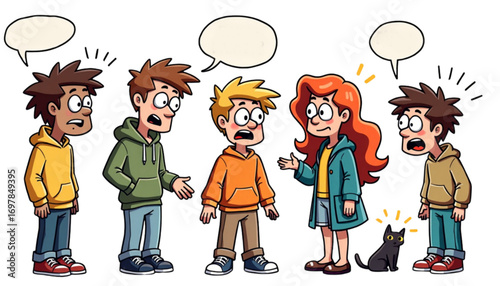 A group of friends, in a playful mood, discussing dating tips, with a girl, four guys and a kitten
