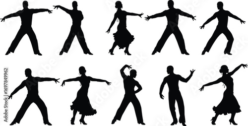 Silhouettes of male and female flamenco dancers in traditional poses, expressive dance movements, cultural performing arts, dynamic flamenco performance.