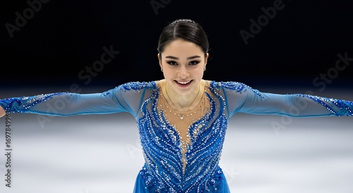 Graceful figure skater smiles brightly under dramatic stage lighting. AI Generated