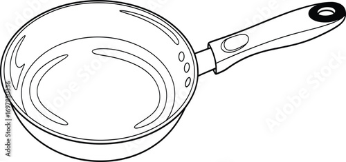 Frying pan illustration, black and white, kitchen utensil, cooking tool, line drawing, ergonomic handle, cookware sketch, culinary equipment, outline, simple art