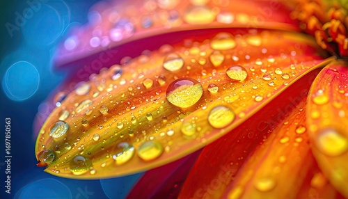A close-up view of a vibrant flower petal, adorned with glistening water droplets, showcasing the petal's intricate texture and rich orange-yellow hues.