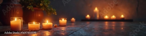 Serene scene depicting a meditative worship experience; candles illuminate a peaceful space, creating a spiritual atmosphere of contemplation and reverence , zen, offering