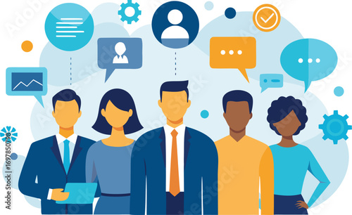Diverse Teamwork and Communication Business Professionals Collaborating with Digital Technology and Social Media
