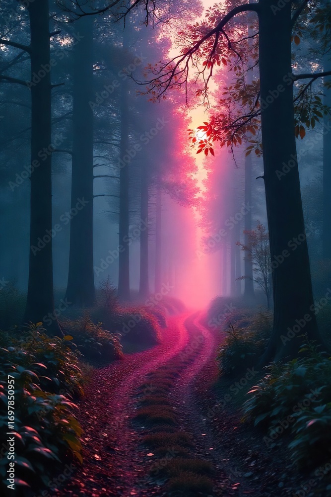 Fototapeta premium Eerie, ethereal mist clinging to a forest path at dawn, creating a ghostly, translucent trail Perfect for Halloween, fantasy, mystery, or supernatural themes , ghostly, wilderness