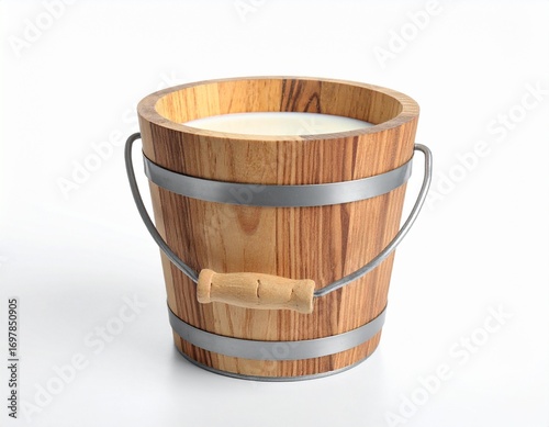 wooden bucket with milk on white background 