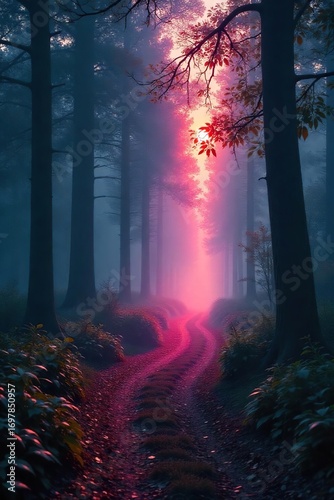 Eerie, ethereal mist clinging to a forest path at dawn, creating a ghostly, translucent trail  Perfect for Halloween, fantasy, mystery, or supernatural themes ,  ghostly,  wilderness