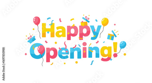 Festive grand opening vector design with colorful balloons, gifts, and confetti accents for store launch celebration