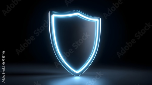 Futuristic blue neon shield emblem, security concept, protection symbol, digital safety, modern technology backdrop.