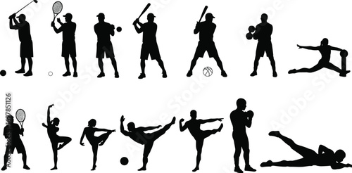 Silhouettes of male athletes performing various sports activities, vector illustration for fitness, training, martial arts, and athletic design content