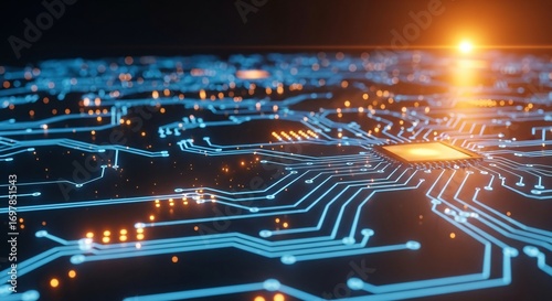 Futuristic Glowing Circuit Board with Central Processor and Light
