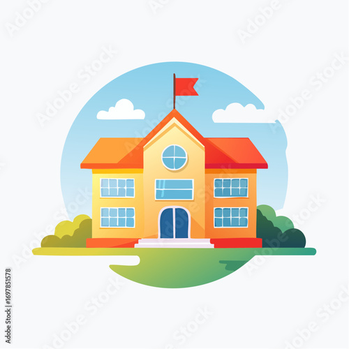 Modern flat vector illustration of a vibrant school building with a flag on its roof, symbolizing learning, education, and academic institutions in a simple, iconic design