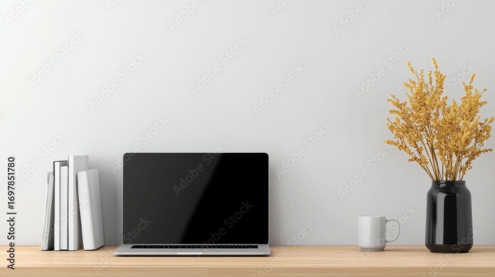 Fototapeta premium Laptop and vase of flowers on a minimal desk with stylish wall poster mockup in a clean office setting